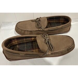 LL Bean Brown Leather Plaid Flannel Lined Moccasin Slippers Mens 10M Classic